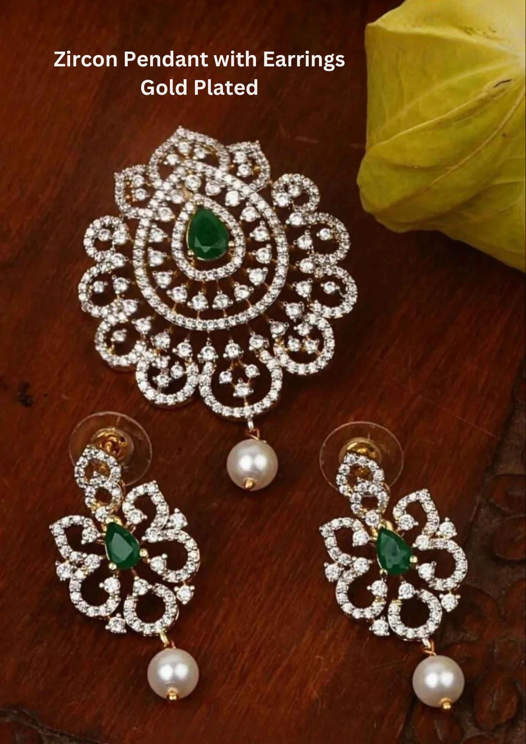 Zircon Diamond Gold Plated Pendant with Earrings