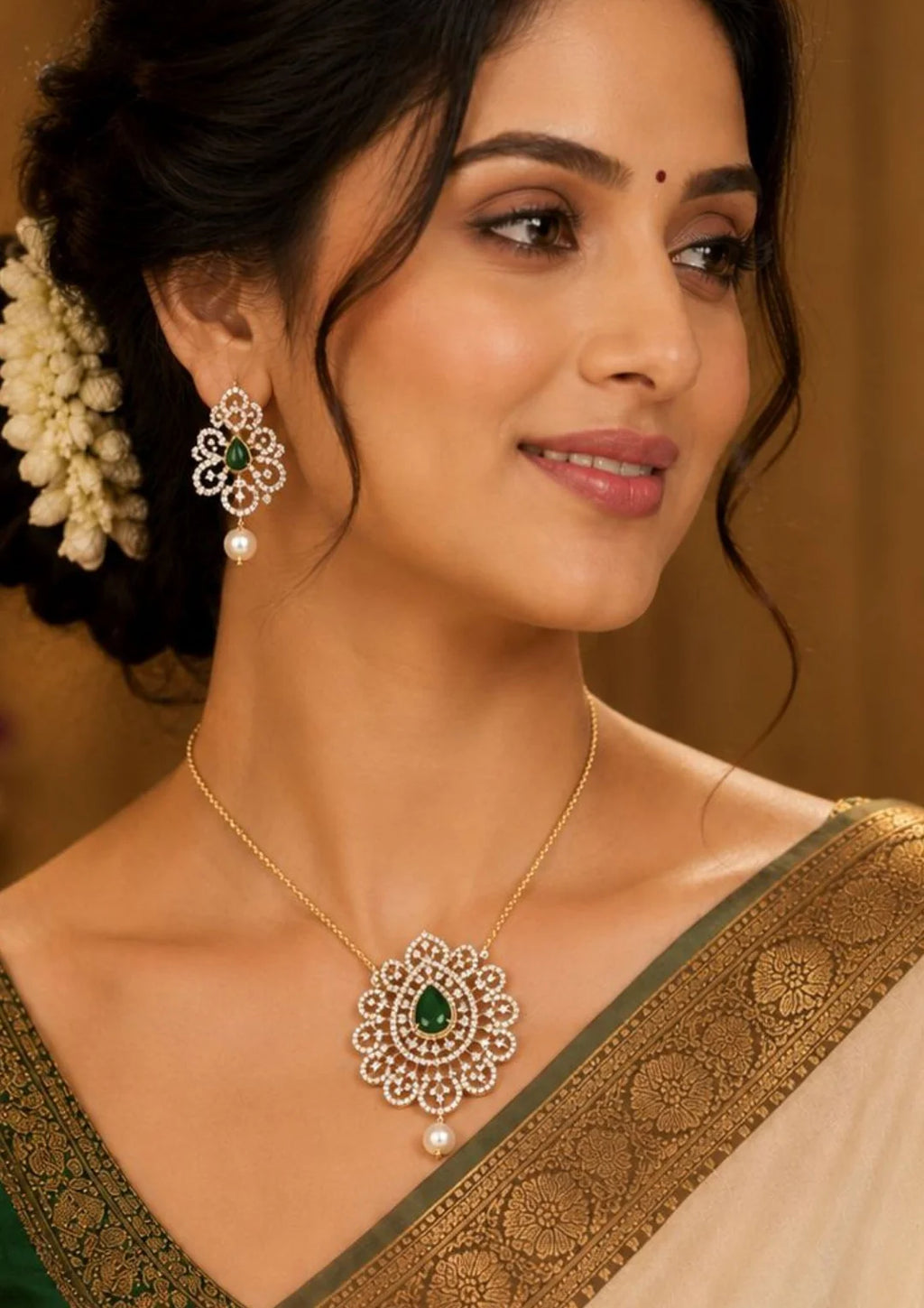 Zircon Diamond Gold Plated Pendant with Earrings