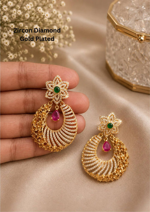 Zircon Diamond Gold Plated Floral Earrings