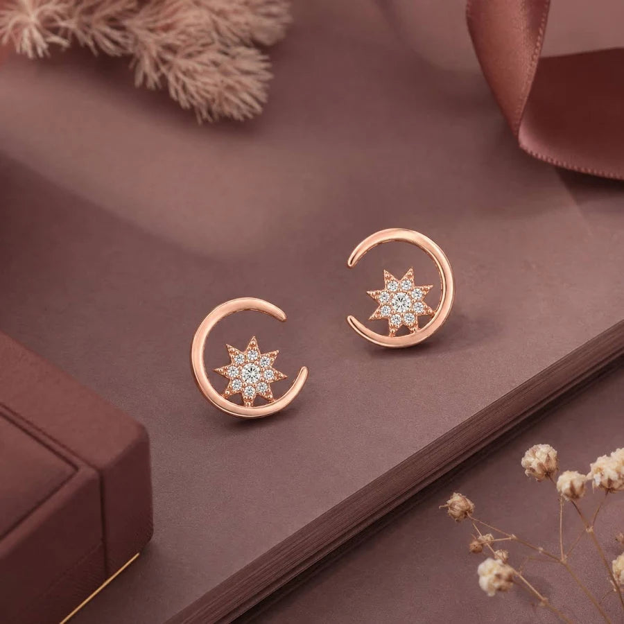 Elegant Moon Star Rose Gold Glow 925 Sterling Silver Stud for Women